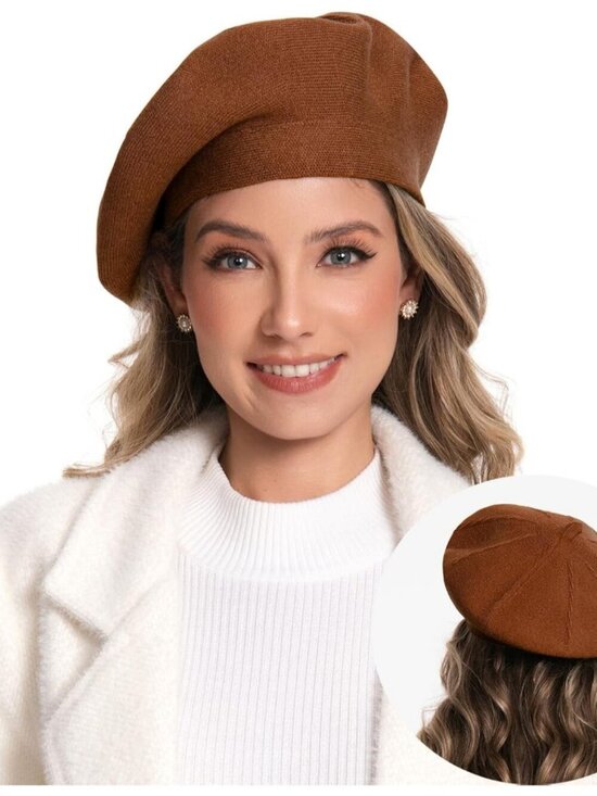 Women\'s French Style Double Layer Winter Autumn Warm Beanie Hat Orange Brown